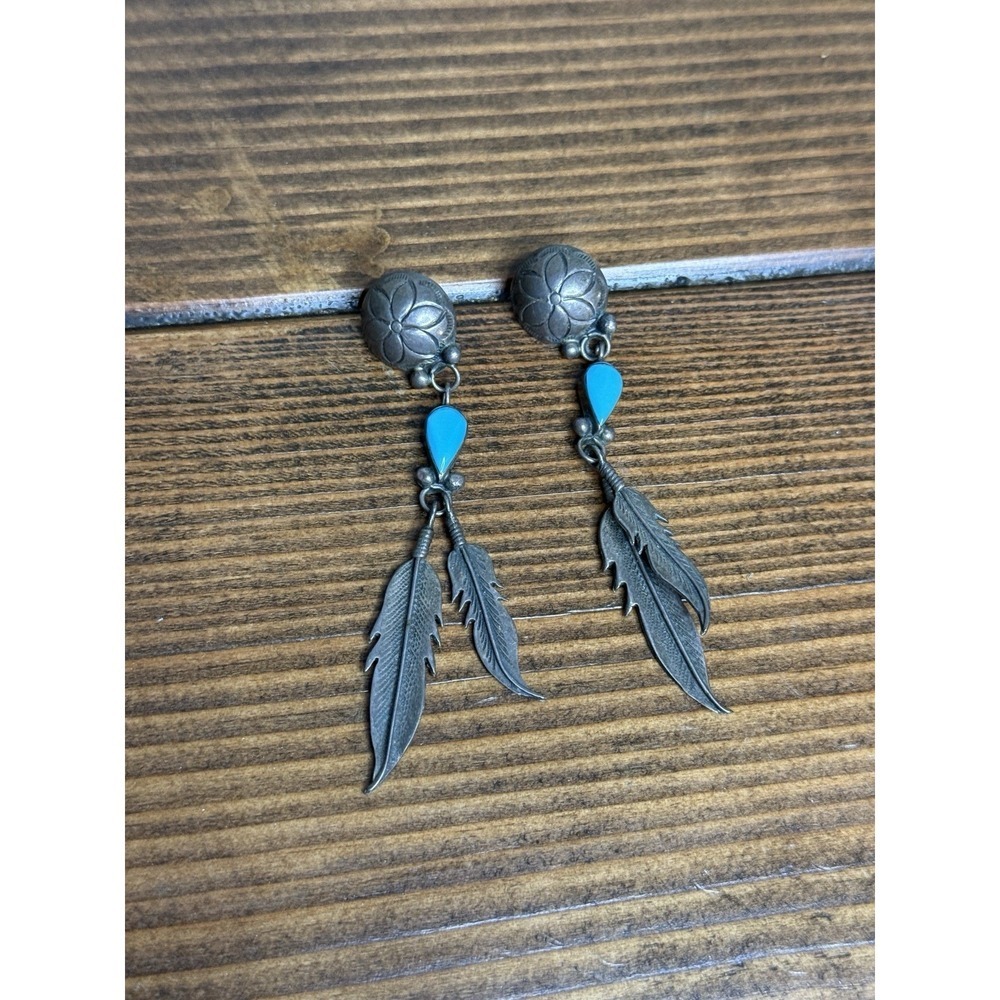 Vintage‎ Navajo Turquoise Sterling Silver 925 Feather Dangle Earrings- Unsigned